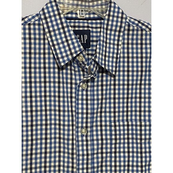Gap Asher Plaid Short Sleeve Poplin Shirt Blue & White Pocket Men's Medium NWT - Picture 2 of 8